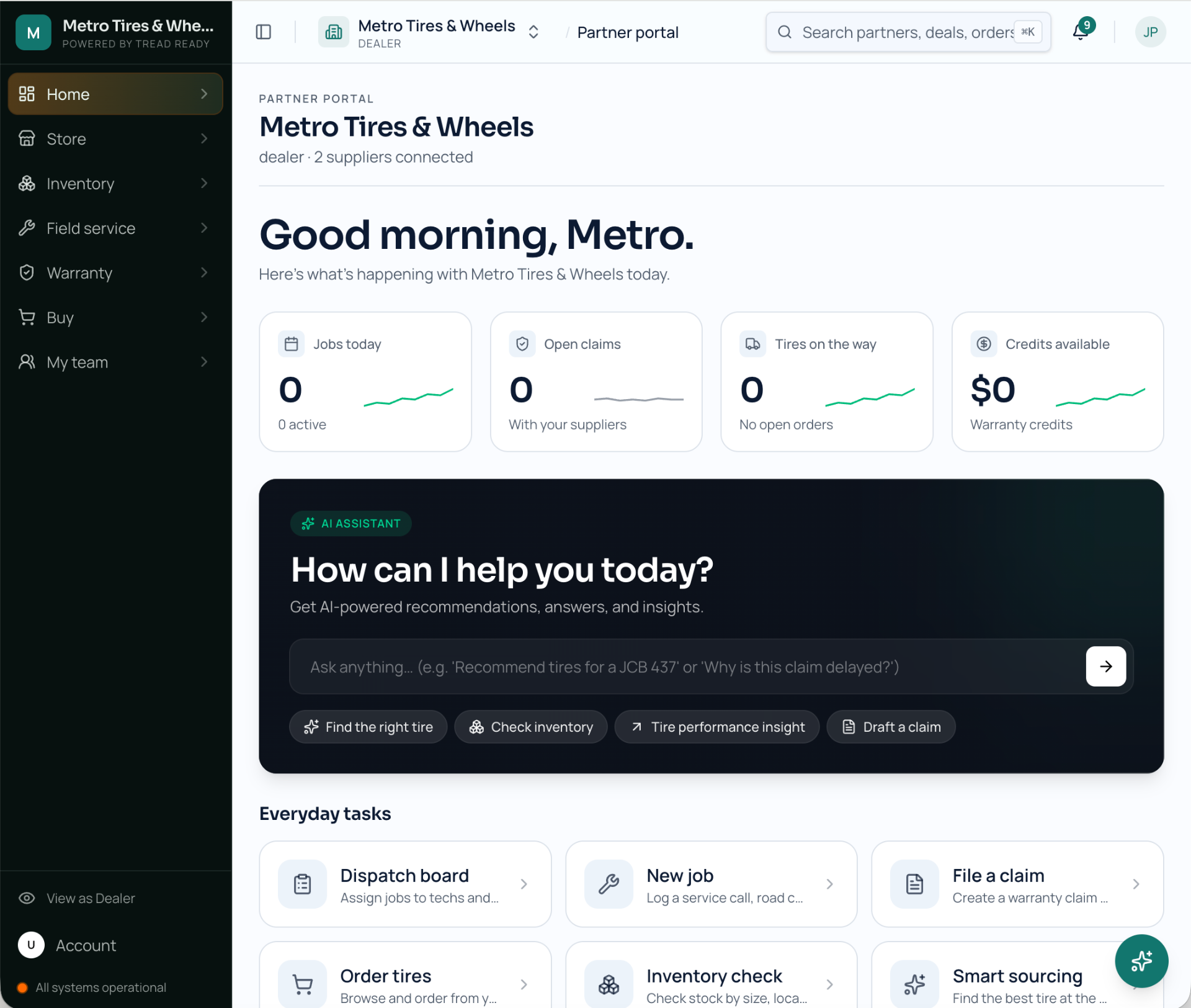 Tread Ready partner portal home with AI assistant, jobs today, open claims, and credits available cards.