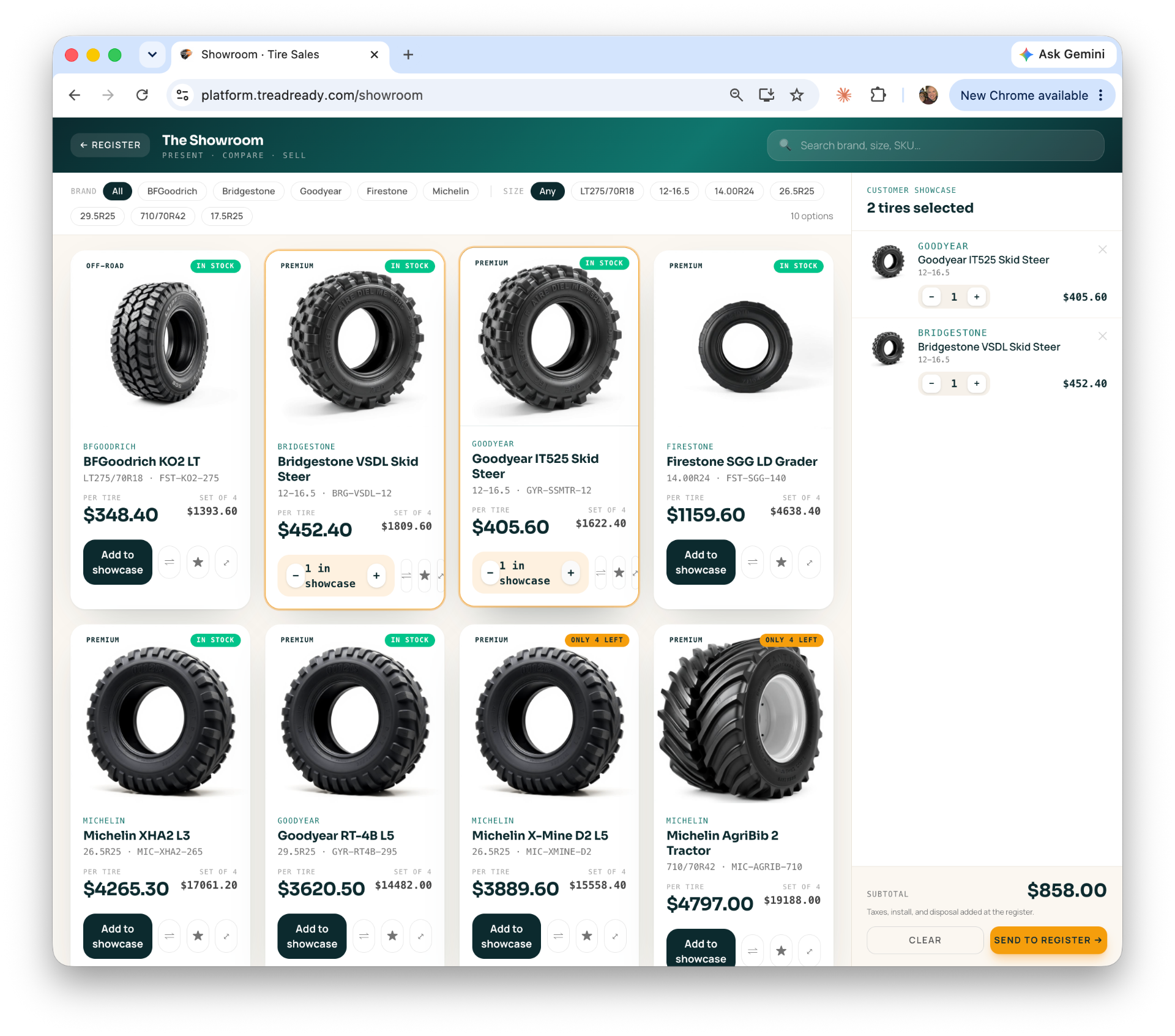 Tread Ready Showroom with tire cards, brand and size filters, and a customer showcase side panel.