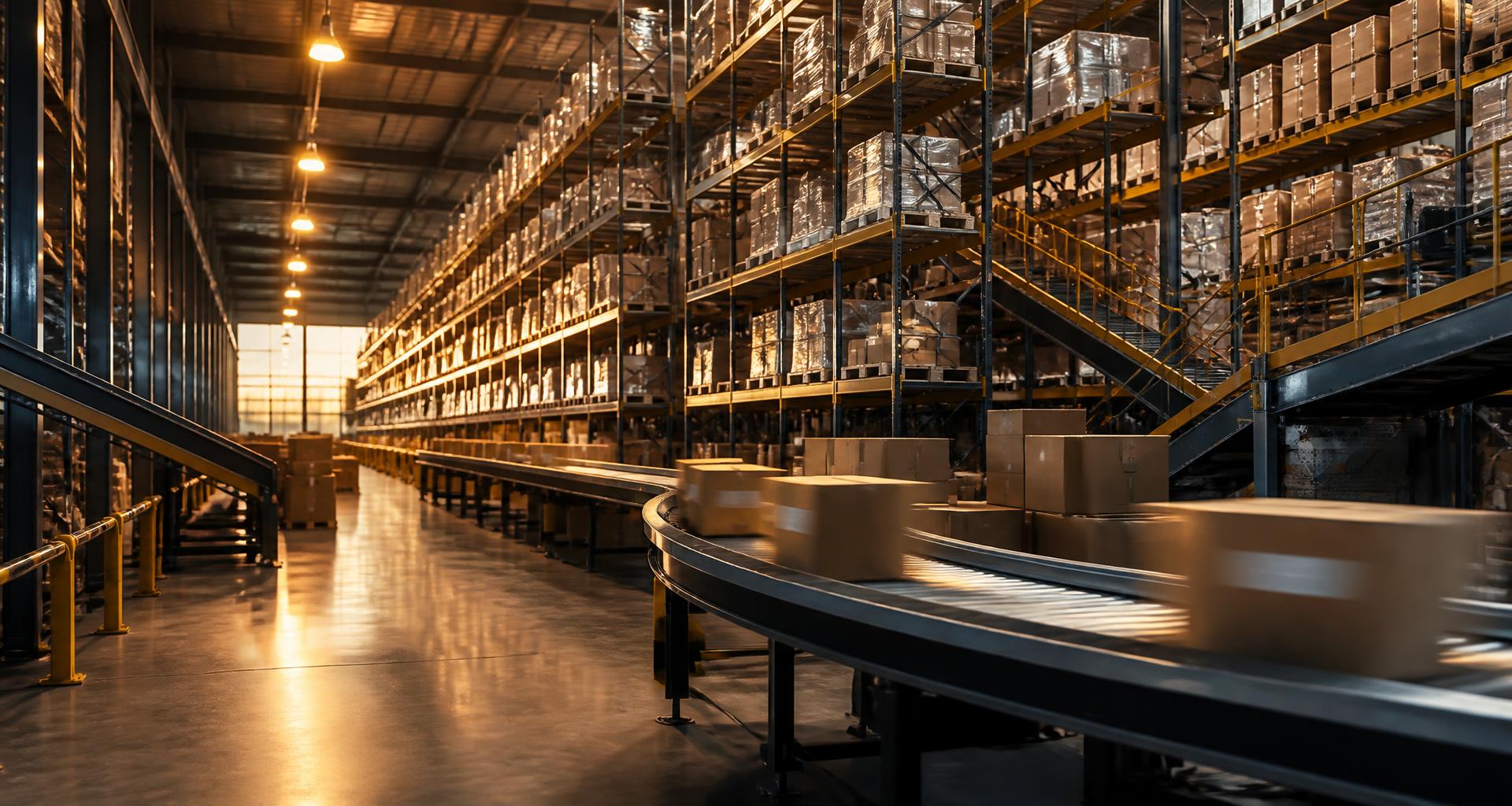 Modern distribution warehouse with automated conveyor systems and inventory shelving.