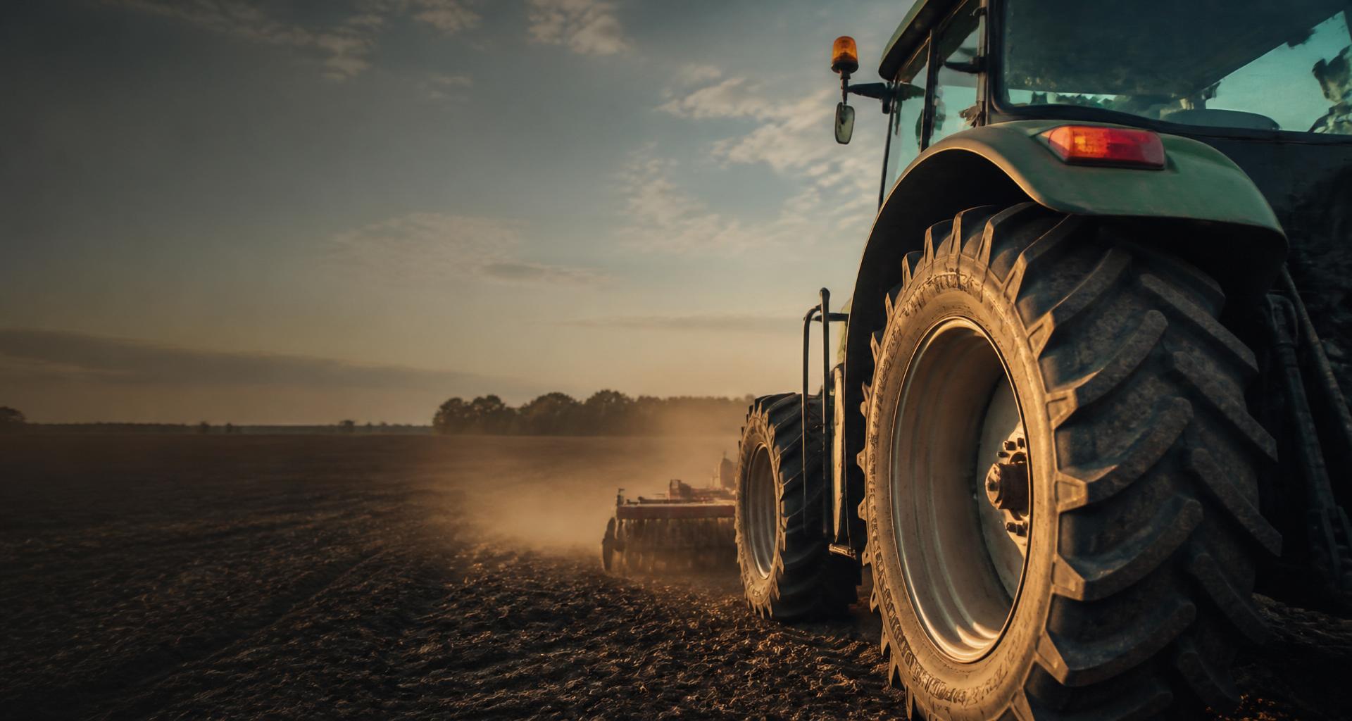 Modern farm tractor with a large R-1 agricultural tire working a field at golden hour.